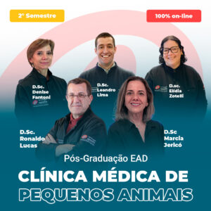 cmpa 2 Segundo semestre 2026 | Equalis Poster promoting the 2nd semester, 100% online Pós-Graduação EAD in Clínica Médica de Pequenos Animais, featuring six instructors and bold program title.