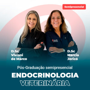 POS ENDOCRINO BASICO | Equalis Two smiling women in dark uniforms with arms crossed; banner promotes a semipresencial Veterinary Endocrinology postgraduate program.