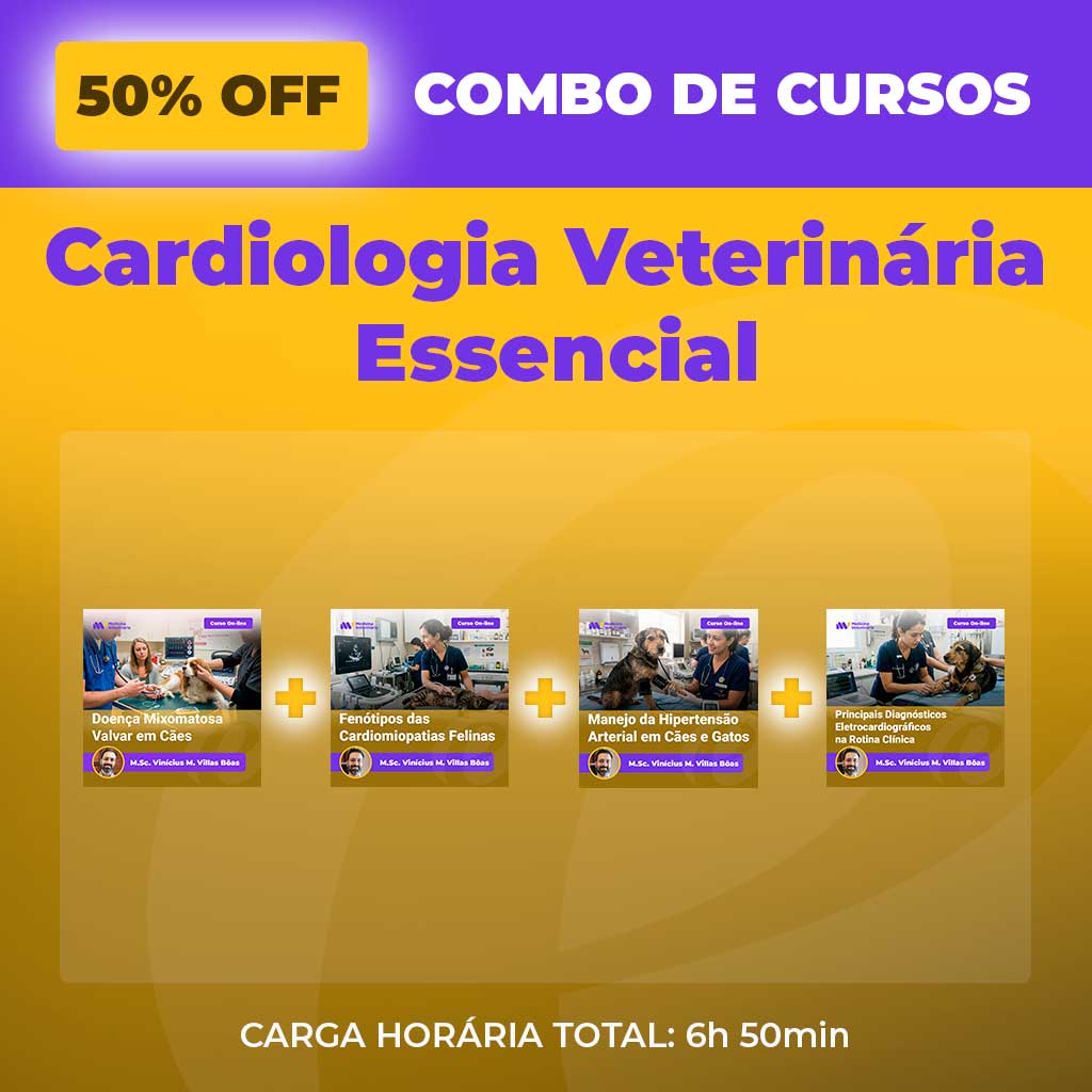 Promotional banner offering 50% off the 'Cardiologia Veterinária Essencial' course combo, with four course thumbnails and total duration 6h50m, on a purple-yellow background.