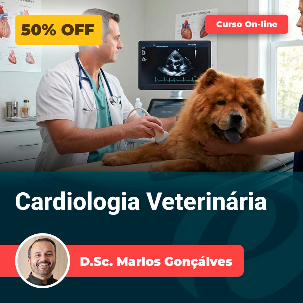 Vet examines a dog in a clinic; promotional overlay for an online veterinary cardiology course by Dr. Marlos Gonçalves.