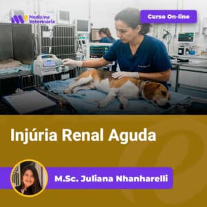 Injúria-Renal-Aguda_edited | Equalis Veterinary clinic scene: a vet in blue scrubs treats a dog on a medical table with monitors; a purple 'Curso On-line' badge and the title 'Injúria Renal Aguda' appear, with instructor 'M.Sc. Juliana Nhnharelli' at the bottom in a purple banner.