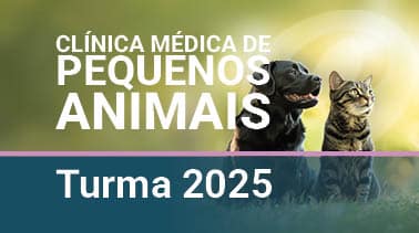 Banner for Clínica Médica de Pequenos Animais announcing Turma 2025, featuring a dog and a cat.