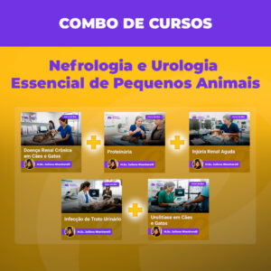 COMBO Nefrologia | Equalis Banner promocional de cursos para pequenos animais: Nefrologia e Urologia, com cinco cartões de curso e sinais de soma.
