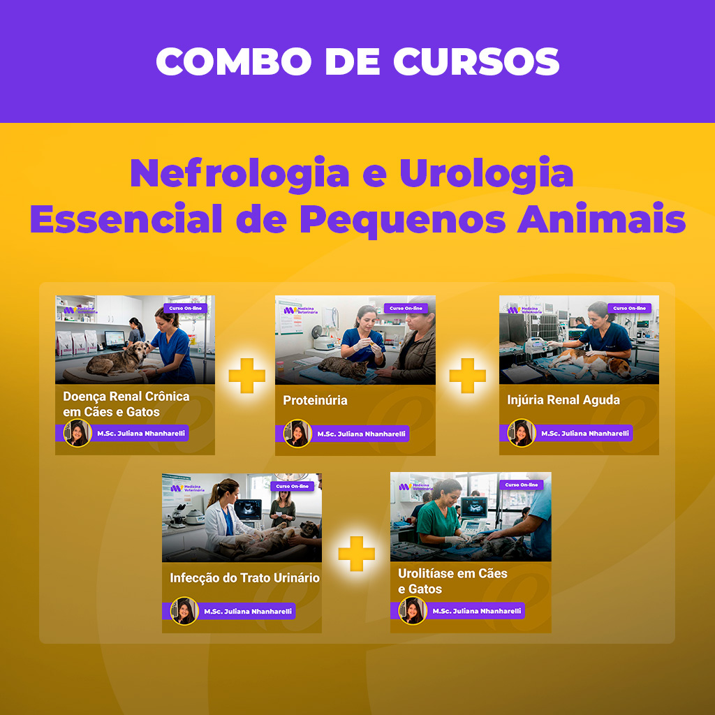 Banner promocional de cursos para pequenos animais: Nefrologia e Urologia, com cinco cartões de curso e sinais de soma.