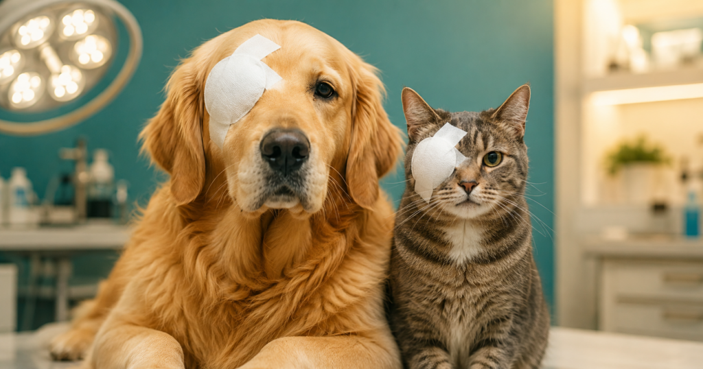 Cão golden retriever e gato com curativos oftálmicos pós-enucleação em consulta veterinária