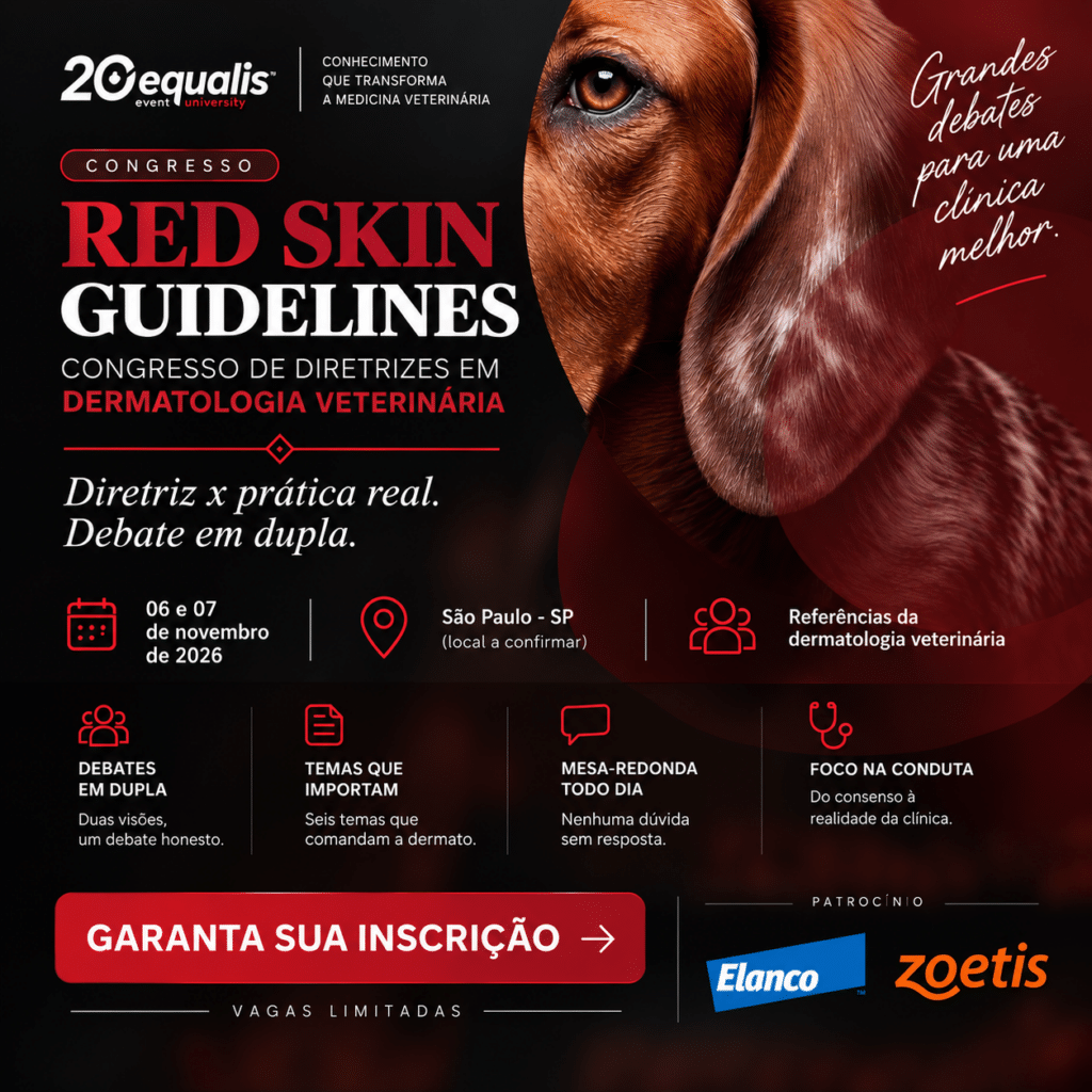 Poster for the Red Skin Guidelines veterinary dermatology conference, featuring a close-up of a dog's ear and the event title in red and white on a dark background.