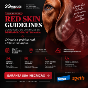 Poster for the Red Skin Guidelines veterinary dermatology conference, featuring a close-up of a dog's ear and the event title in red and white on a dark background.