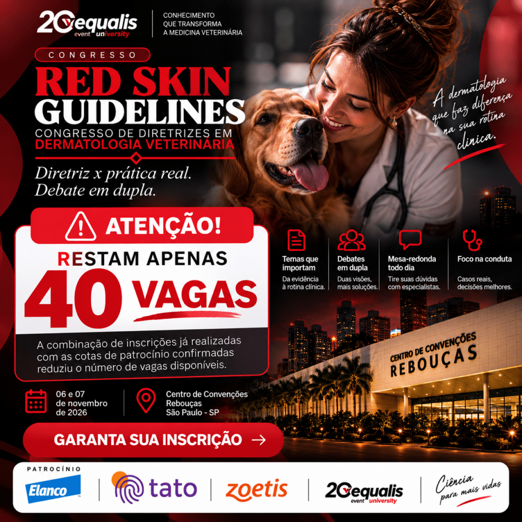 Conference poster advertising Red Skin Guidelines dermatology veterinary congress, featuring a veterinarian with a dog and bold event details.