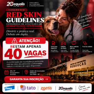 Conference poster advertising Red Skin Guidelines dermatology veterinary congress, featuring a veterinarian with a dog and bold event details.