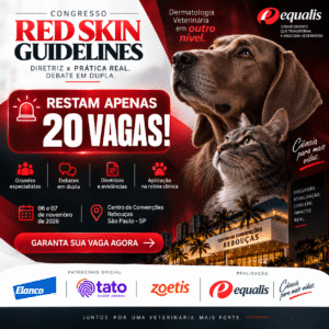 Banner promoting Congresso Red Skin Guidelines with a dog and a cat looking upward, bold 'Restam apenas 20 vagas!', event date 06 e 07 de novembro de 2026, Centro de Convenções Rebouças, São Paulo, and sponsor logos.