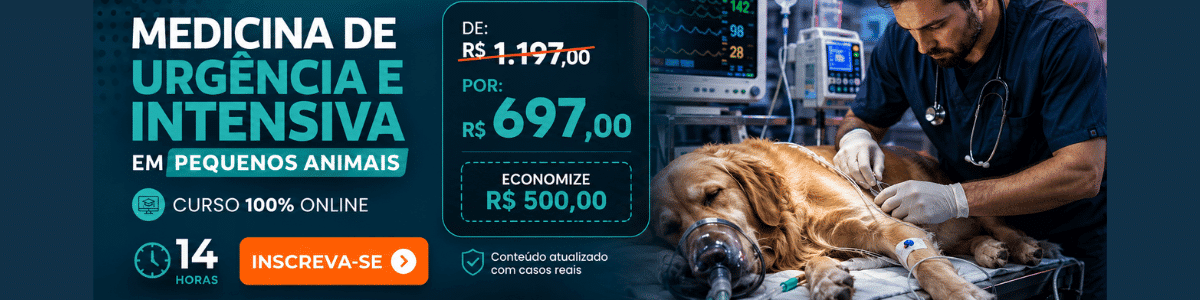 Banner promovendo curso online de medicina de urgência e intensiva para pequenos animais; mostra um veterinário tratando um cão em um ambiente clínico, com informações de preço, desconto e o botão 'Inscreva-se', além de indicar duração de 14 horas.
