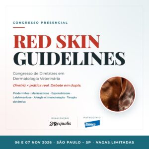 Poster announcing the 'Red Skin Guidelines' veterinary dermatology congress, with a circular close-up of dog fur on the right and sponsor logos at the bottom.