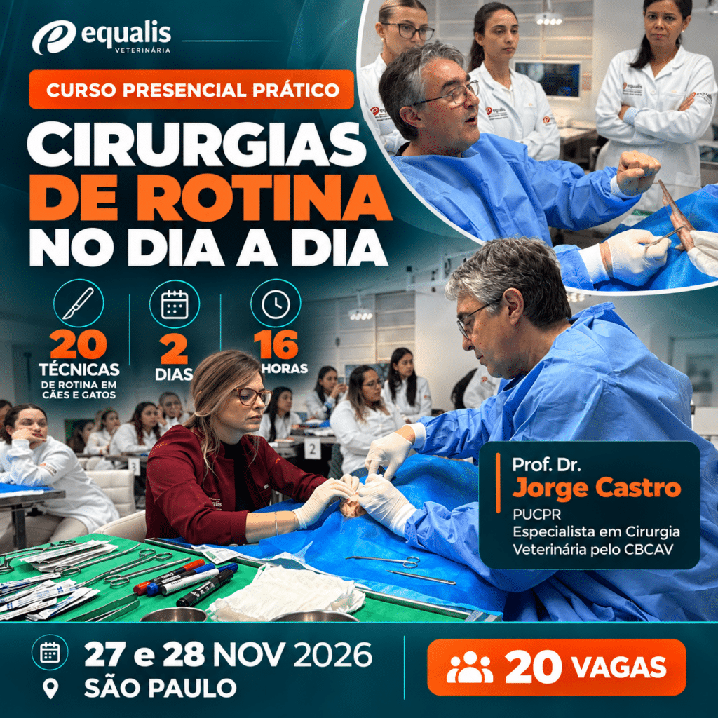 Poster promoting a practical veterinary surgery course 'Cirurgias de Rotina no Dia a Dia', by Prof. Dr. Jorge Castro, 27–28 Nov 2026 in São Paulo – 20 vagas.
