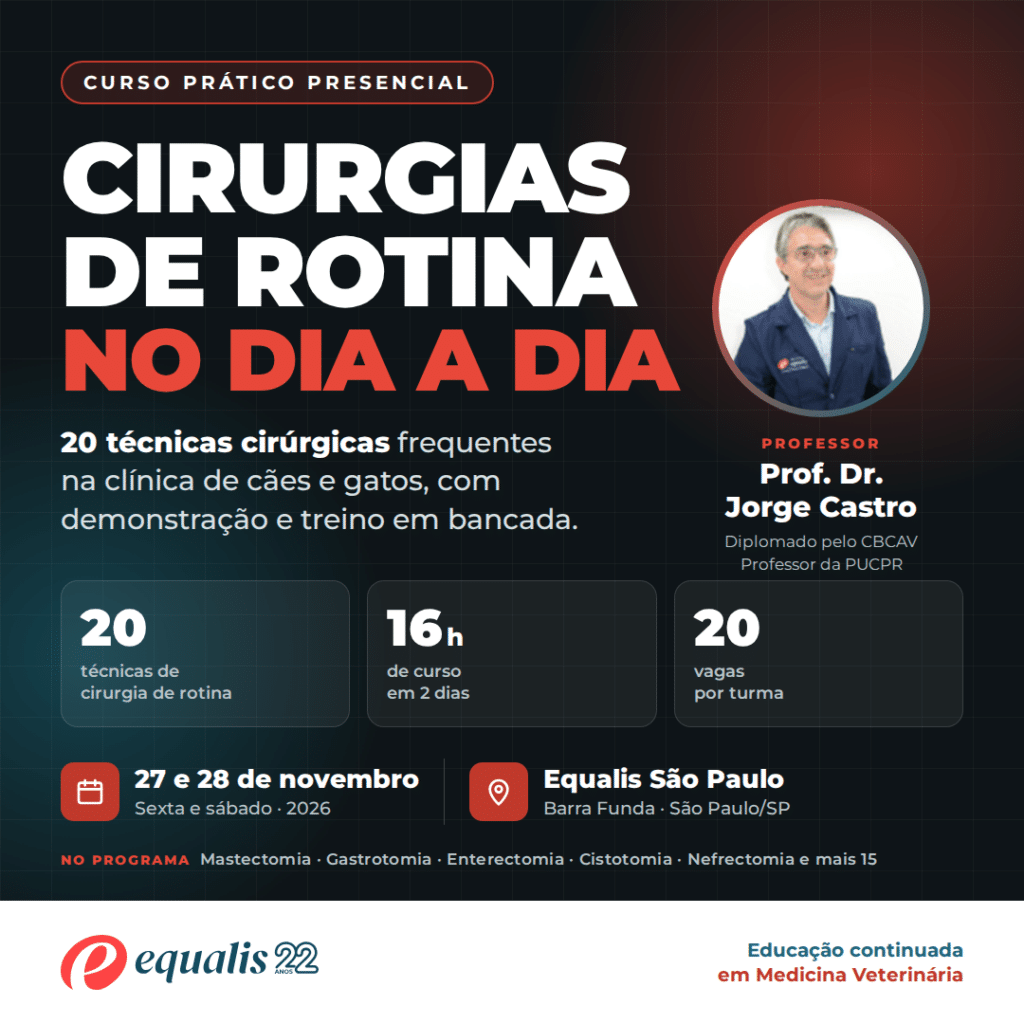 Poster for 'Cirurgias de Rotina no Dia a Dia' veterinary course with Prof. Jorge Castro; 27–28 Nov 2026, Equalis São Paulo.